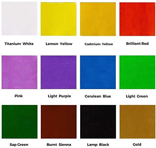 Mont Marte India acrylic paint color chart with twelve vibrant swatches and color names.
