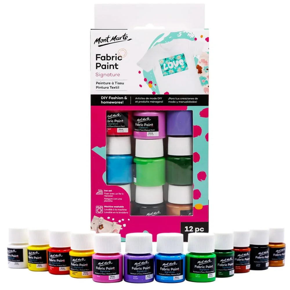 Mont Marte Signature Fabric Paint 12-piece set with colorful bottles for textile painting