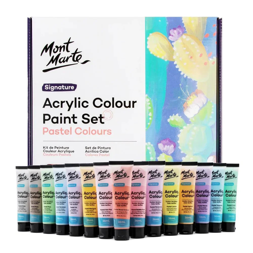 Mont Marte Signature Acrylic Colour Paint Set Pastel Colours with 12 paint tubes in front of box