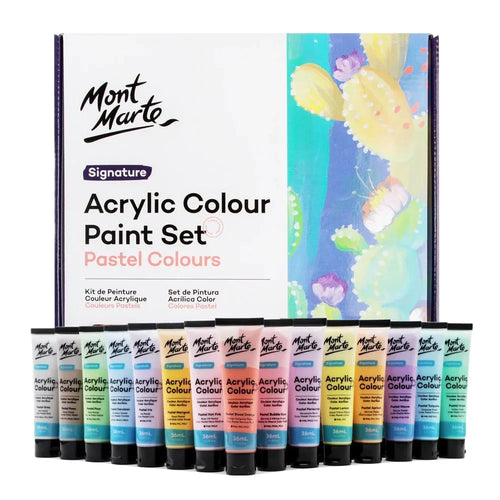 Mont Marte Signature Acrylic Colour Paint Set Pastel Colours with 12 paint tubes in front of box