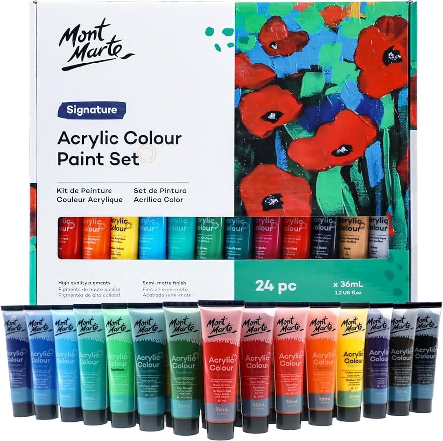 Mont Marte Signature Acrylic Colour Paint Set 24 pieces with colorful tubes and painted poppies