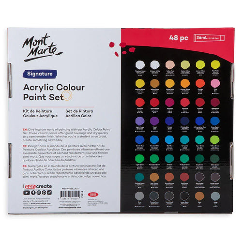Mont Marte 48-piece acrylic colour paint set box with color chart and branding, India art supplies