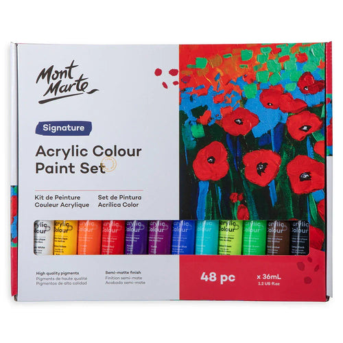 Mont Marte Signature Acrylic Colour Paint Set 48 pieces, colorful box with flower artwork