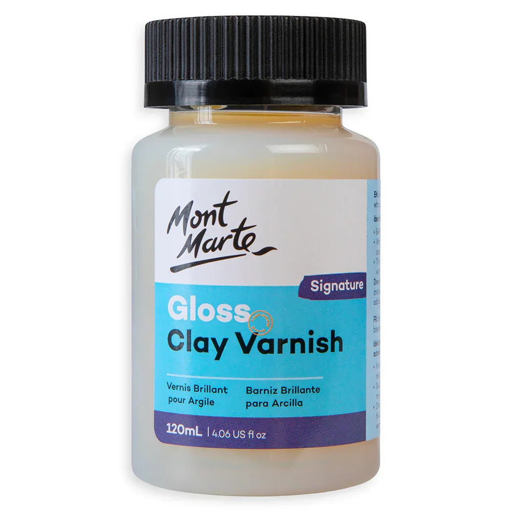 Mont Marte Gloss Clay Varnish Signature 120mL bottle with black cap and blue label