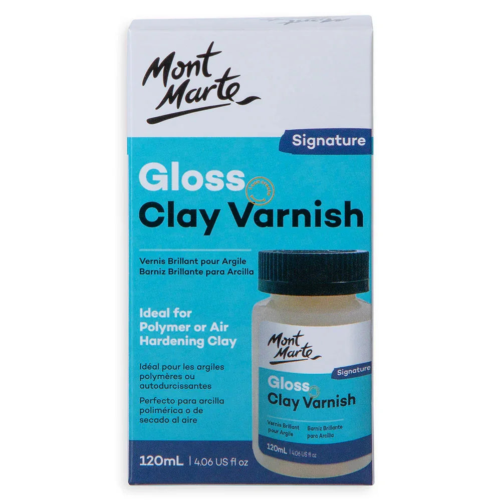 Mont Marte Gloss Clay Varnish Signature 120mL bottle and packaging, ideal for polymer clay