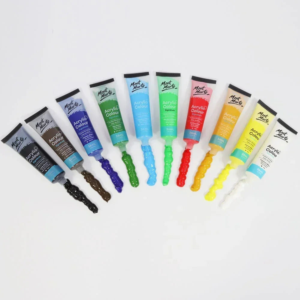 Mont Marte acrylic colour paint tubes in assorted colors with paint swatches on white background
