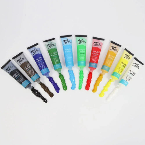 Mont Marte acrylic colour paint tubes in assorted colors with paint swatches on white background