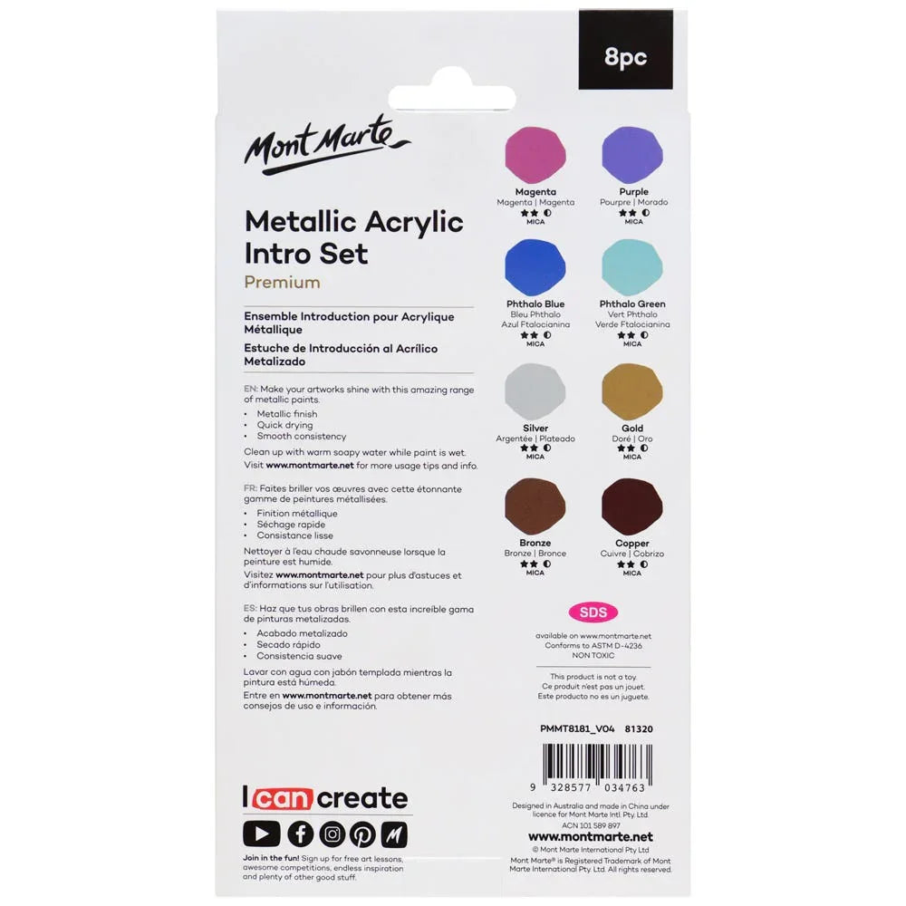 Mont Marte Metallic Acrylic Paint Intro Set 8-piece, back packaging with paint colors